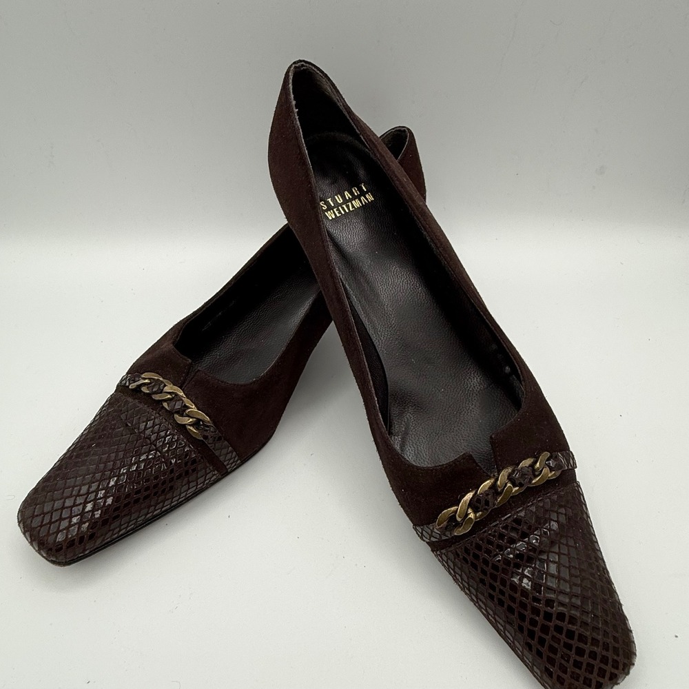 Stuart Weitzman Brown Suede Reptile Embossed Chain Square Toe Kitten Heels